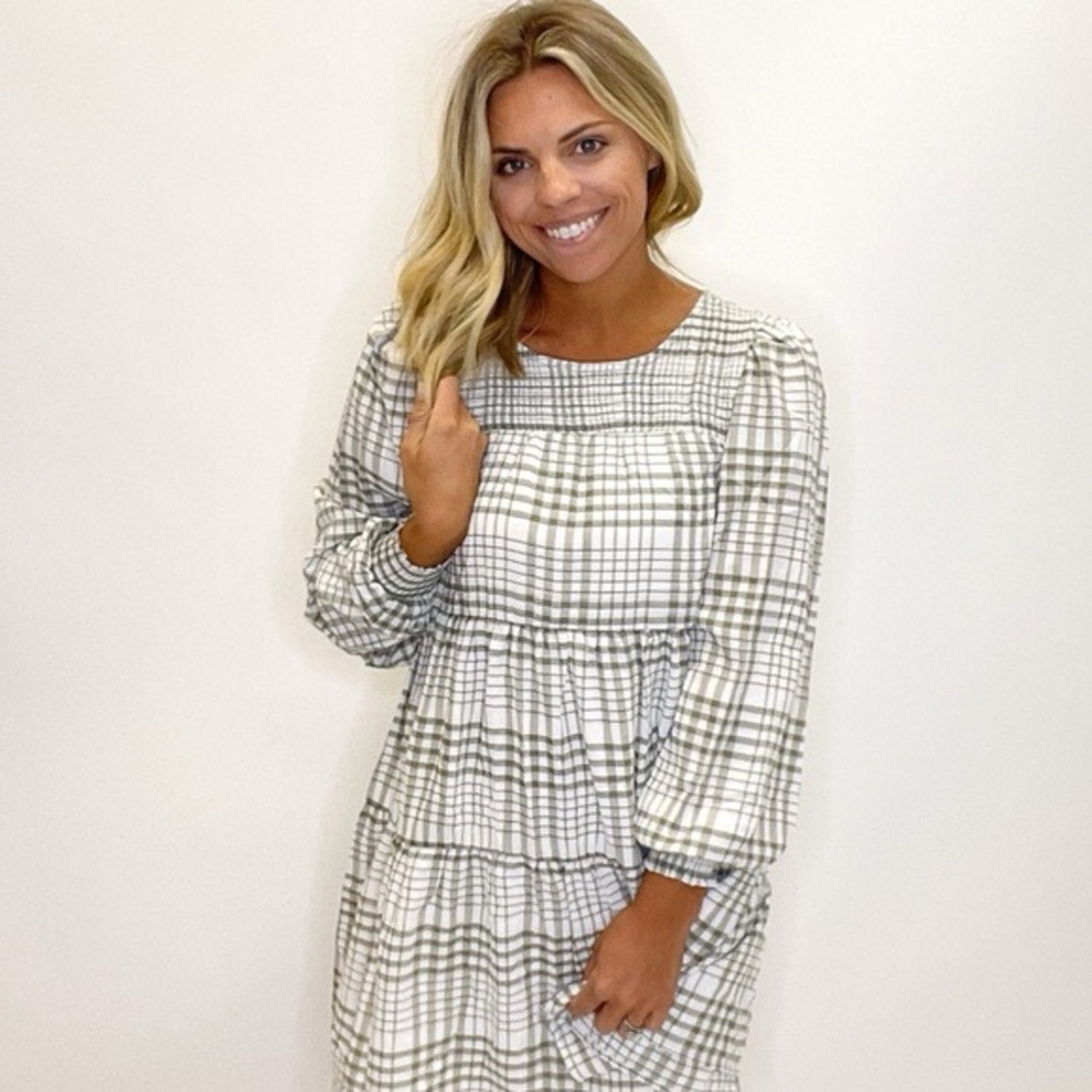By the river, anthropology brand gingham sage green white dress